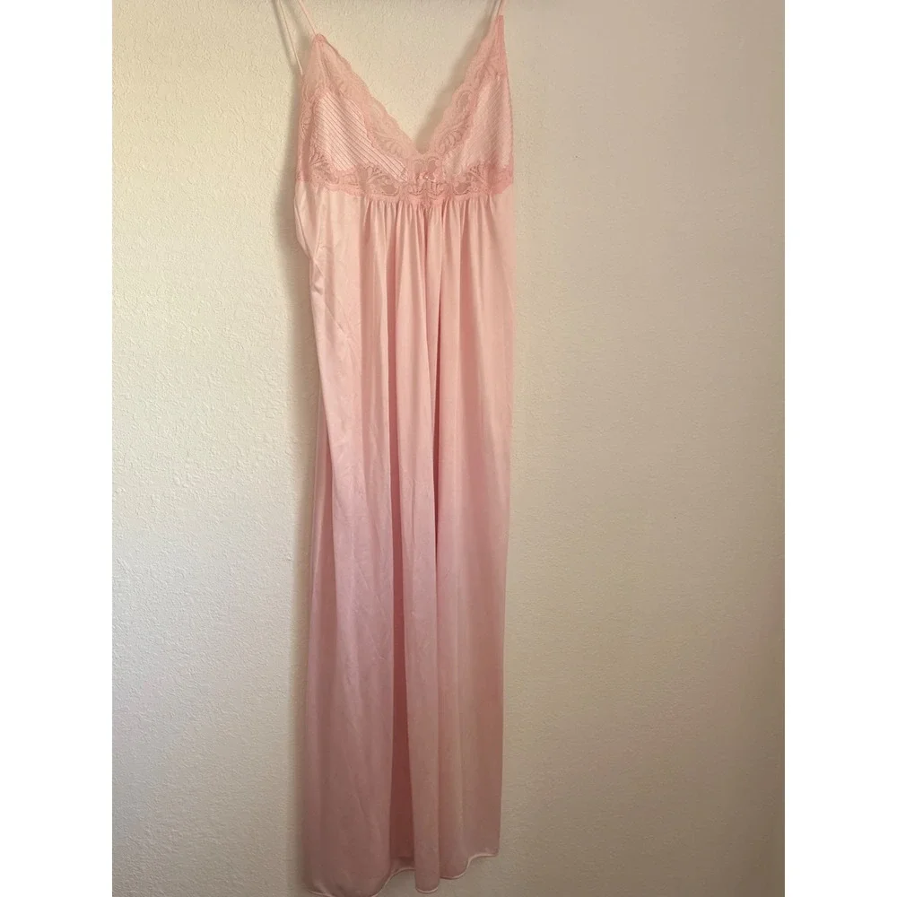 Vintage Pink kayser satin Lace Maxi Nightgown Spaghetti Strap Bow slip Sleepwear